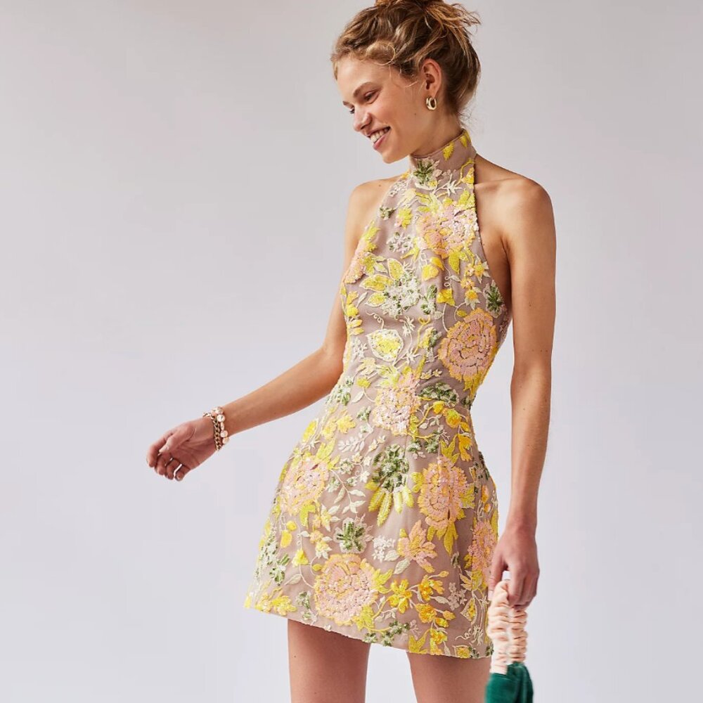 Helsi Women's M Sara Mini Dress Floral Embroidered Sequin Halter High Neck
